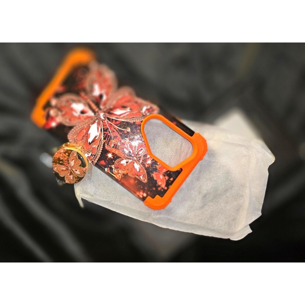 Orange & Black Glitter Butterfly Back Case Cover with Ring Stand